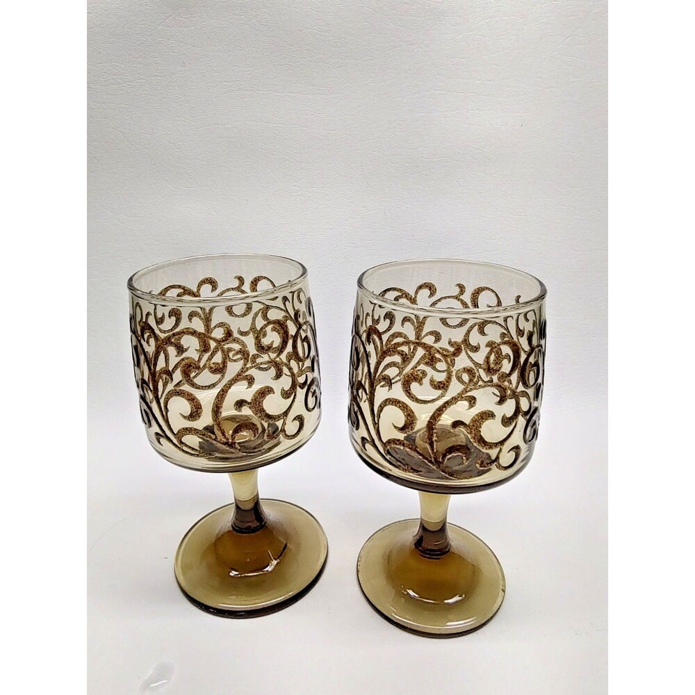 Vintage Pair of Retro Libbey Prado Tawny Brown Swirl Water Wine Goblets 5-1/8" T